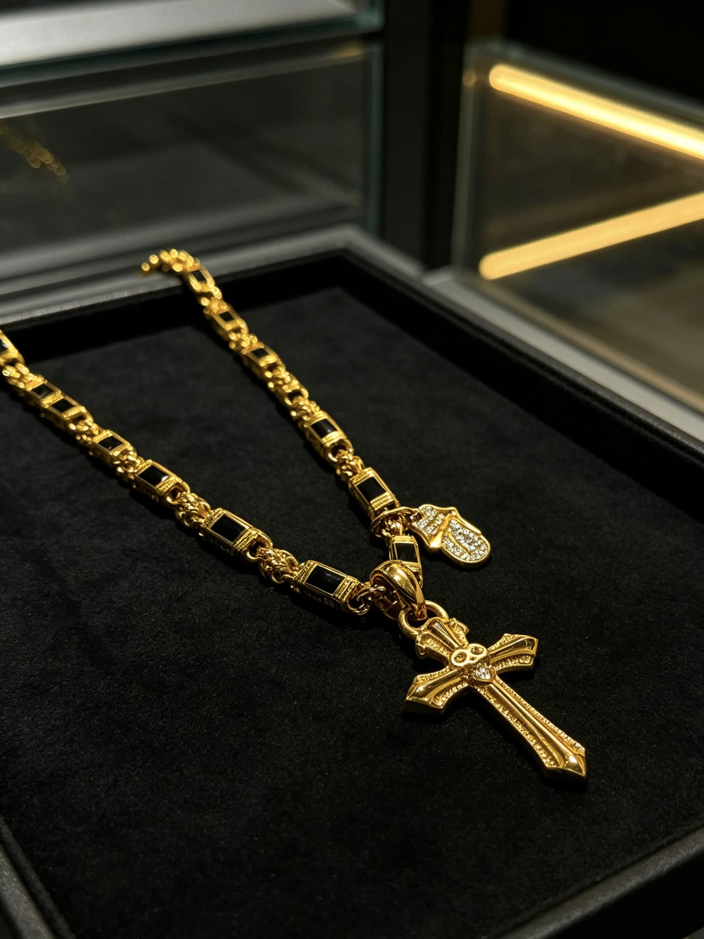 Chrome Hearts Gold Cross Pendant Necklace with Black Stones